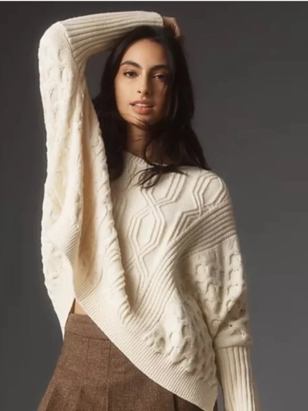 Anthropologie Cream Cable & Textured Panel Sweater